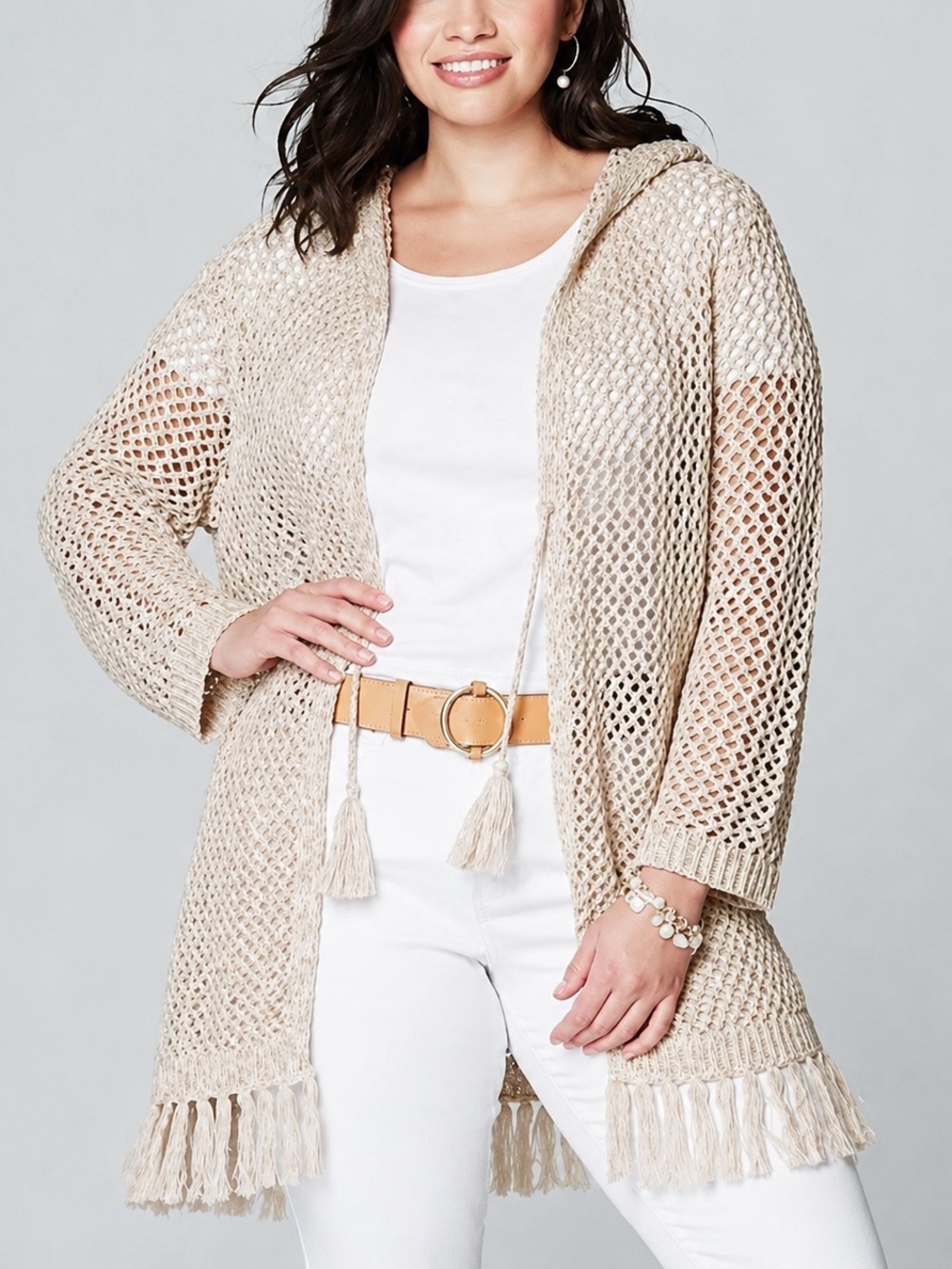 J. Jill Open Knit Hooded Fringe Cardigan | Cream Boho Layering Sweater | XS
